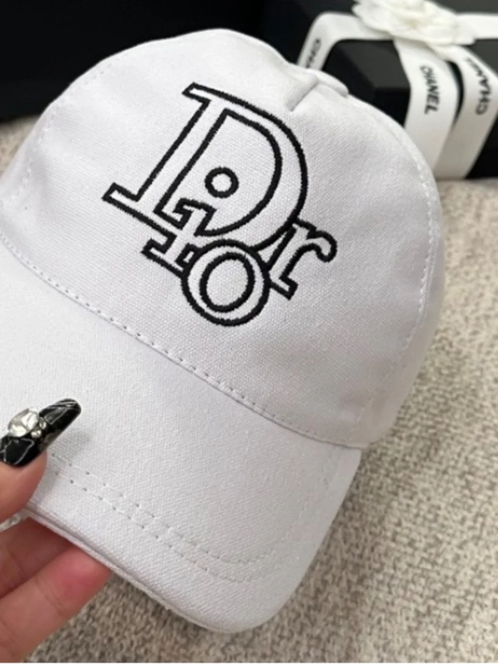 Dior. White Black Embroidered Name logo Baseball Hat Cap